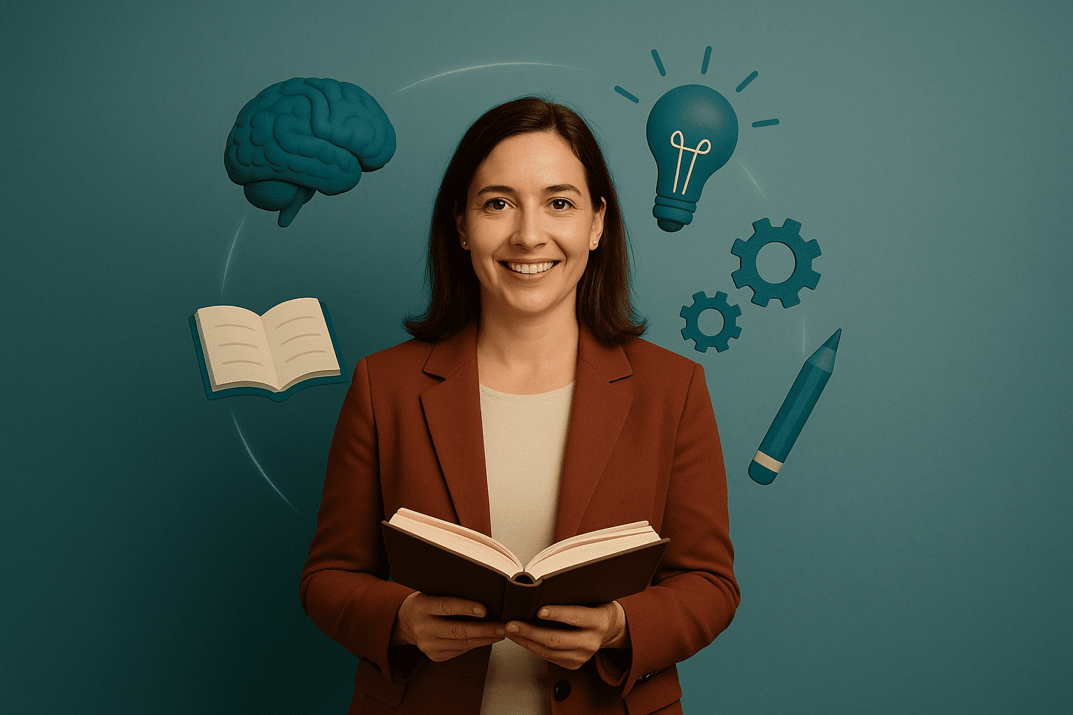 Docente sonriente con libro en las manos, rodeada de iconos de aprendizaje como cerebro, bombilla, engranajes y libro, representando la formación docente basada en evidencia