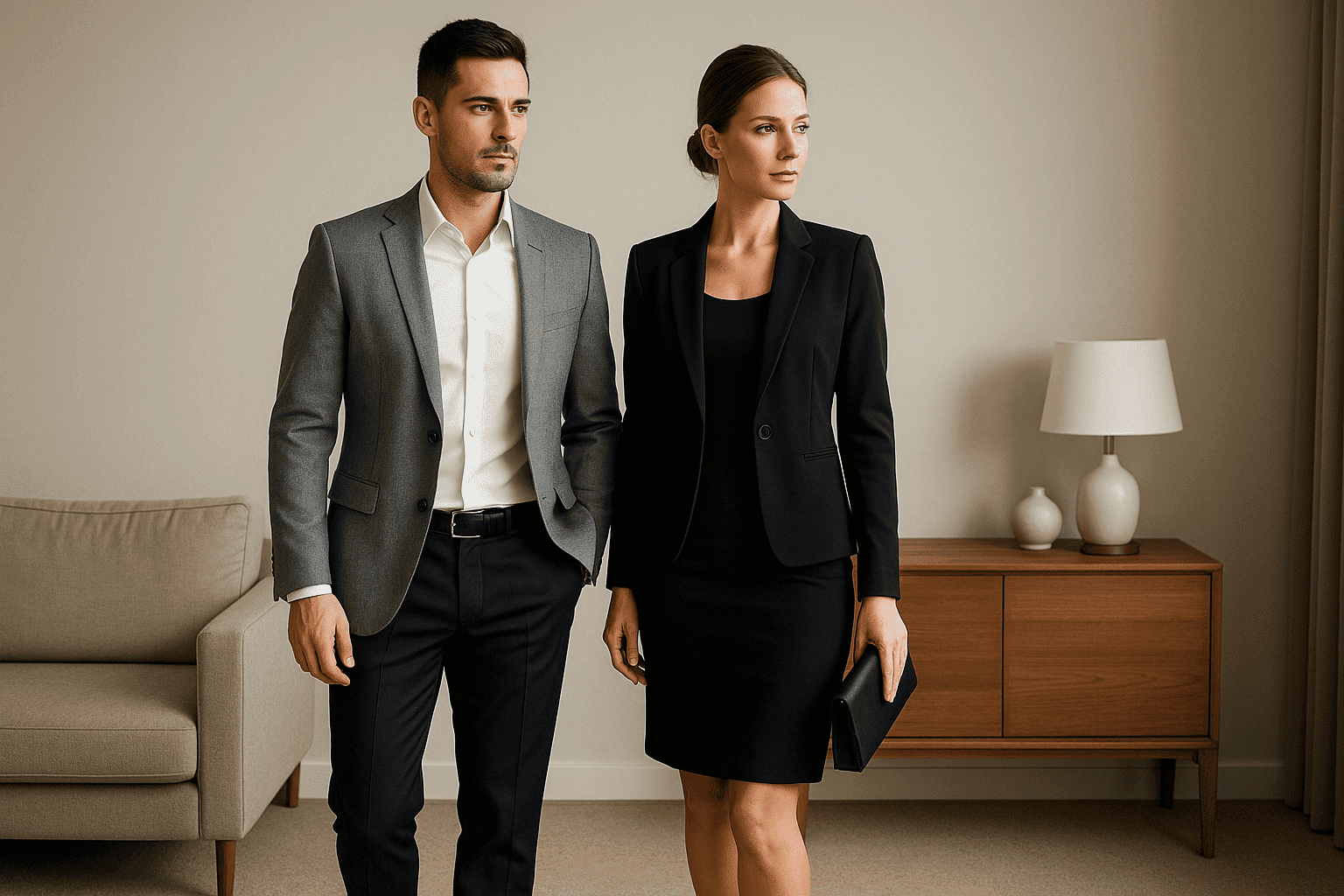 Pareja elegante en un salón moderno: hombre con blazer gris y pantalón azul marino junto a mujer con vestido negro y blazer a juego, ambos en un entorno minimalista y sofisticado.