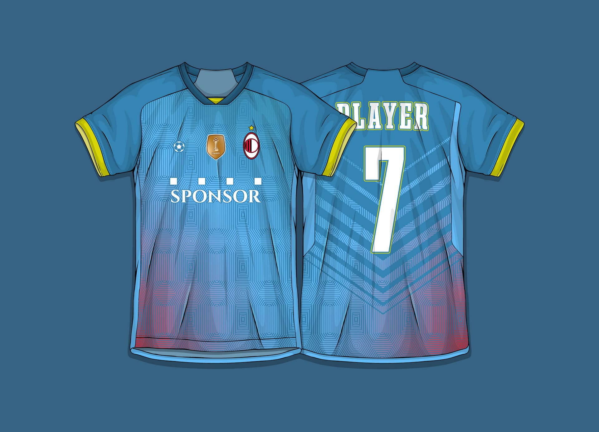 Camiseta deportiva azul de fútbol con detalles amarillos, vista frontal y trasera, con número 7 y la palabra “Player” en la espalda, diseño geométrico y logotipos en el pecho.