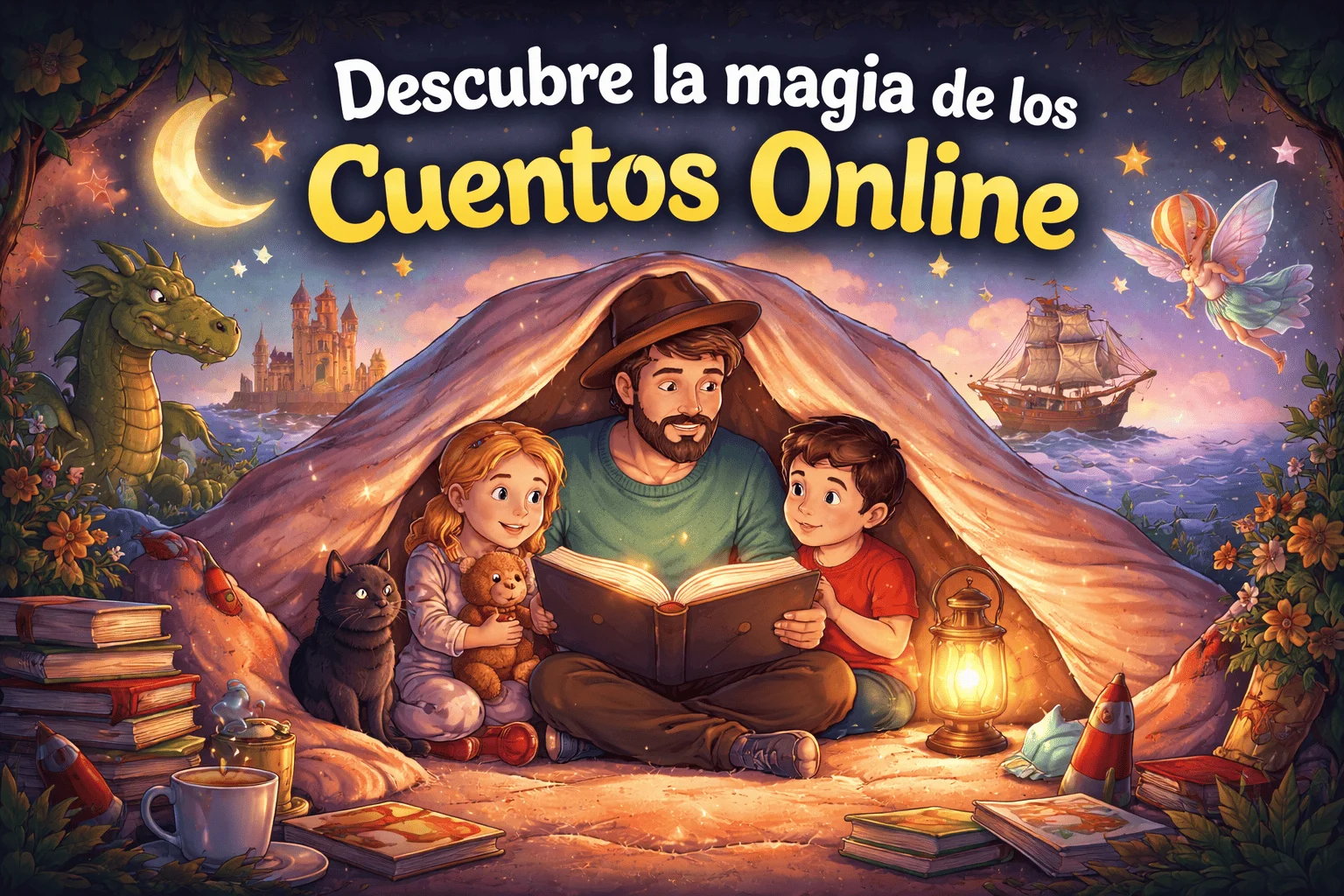 Ilustración infantil de un padre leyendo un cuento a dos niños dentro de una tienda de campaña, rodeados de libros y personajes fantásticos como un dragón, un barco pirata y un hada bajo un cielo nocturno mágico.