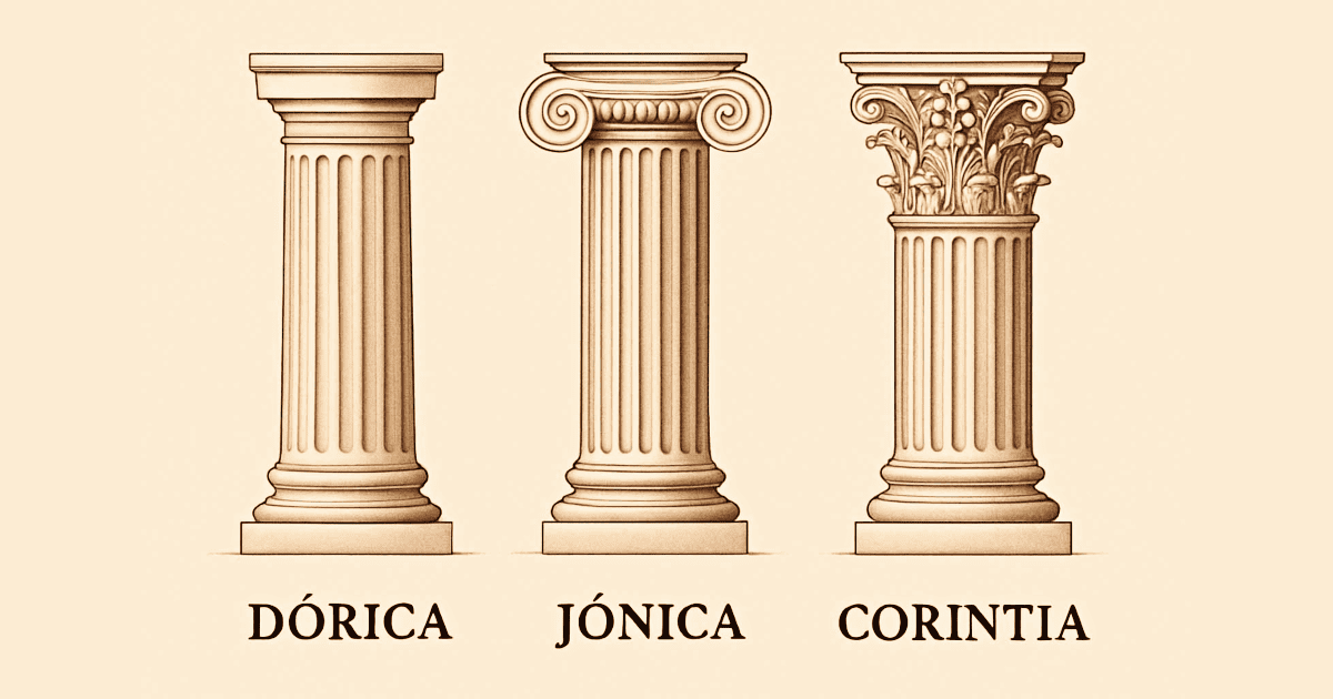 Ilustración comparativa de los órdenes arquitectónicos griegos: columna dórica, columna jónica y columna corintia, mostrando sus diferencias en el capitel.