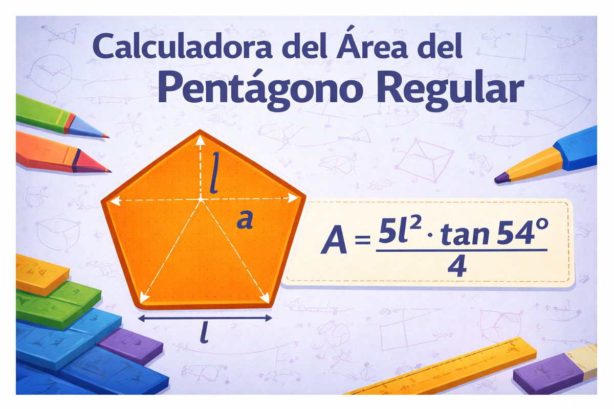 Pentágono regular con lado y apotema mostrando la fórmula para calcular su área