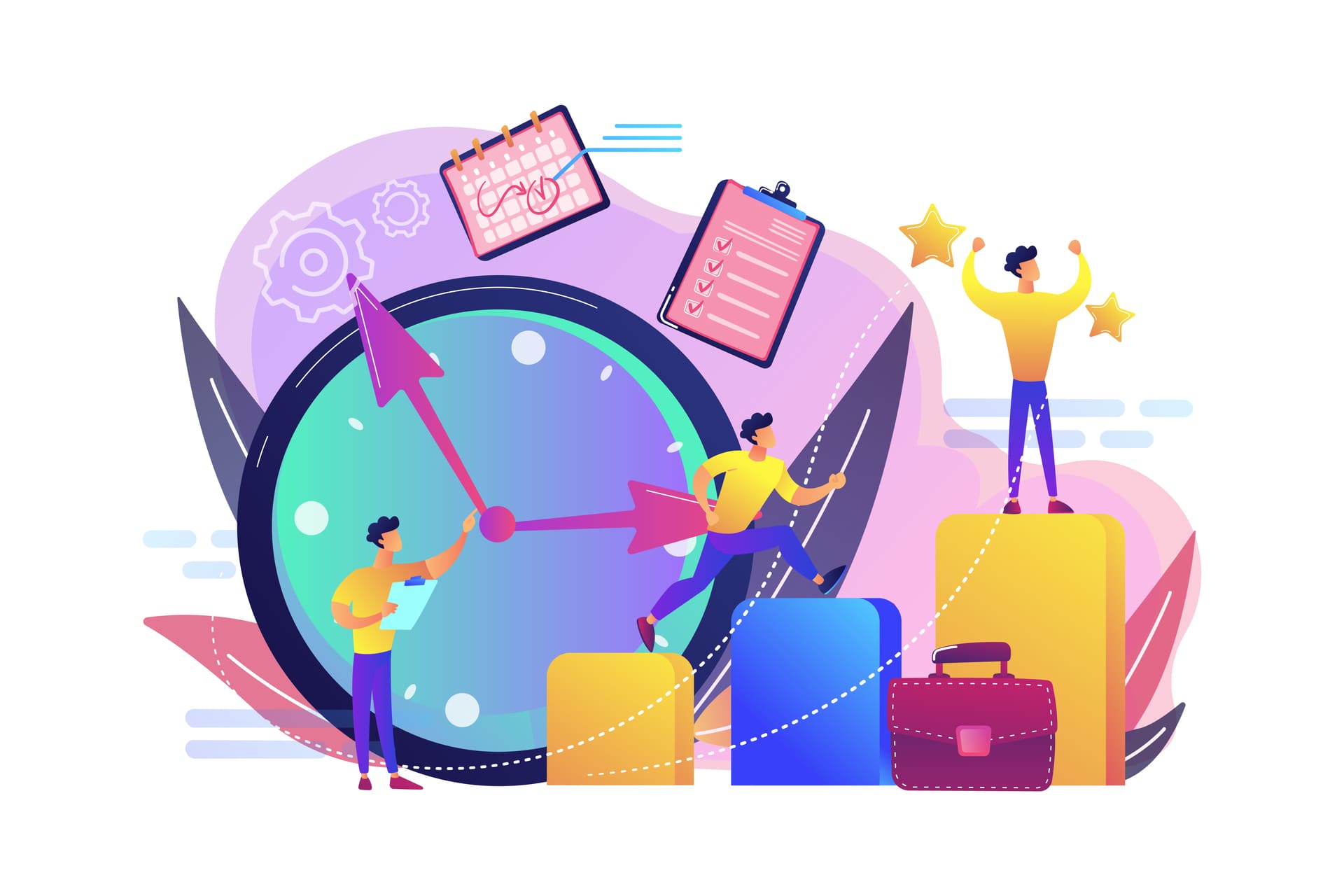 Ilustración colorida de personas gestionando el tiempo y la productividad, con un gran reloj, gráficos de crecimiento, calendario y lista de tareas, simbolizando organización y eficiencia laboral.
