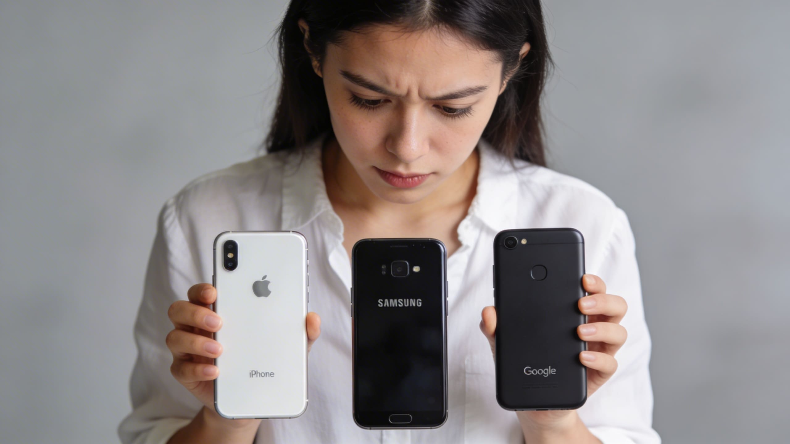 chica joven con celulares dudando cual escoger