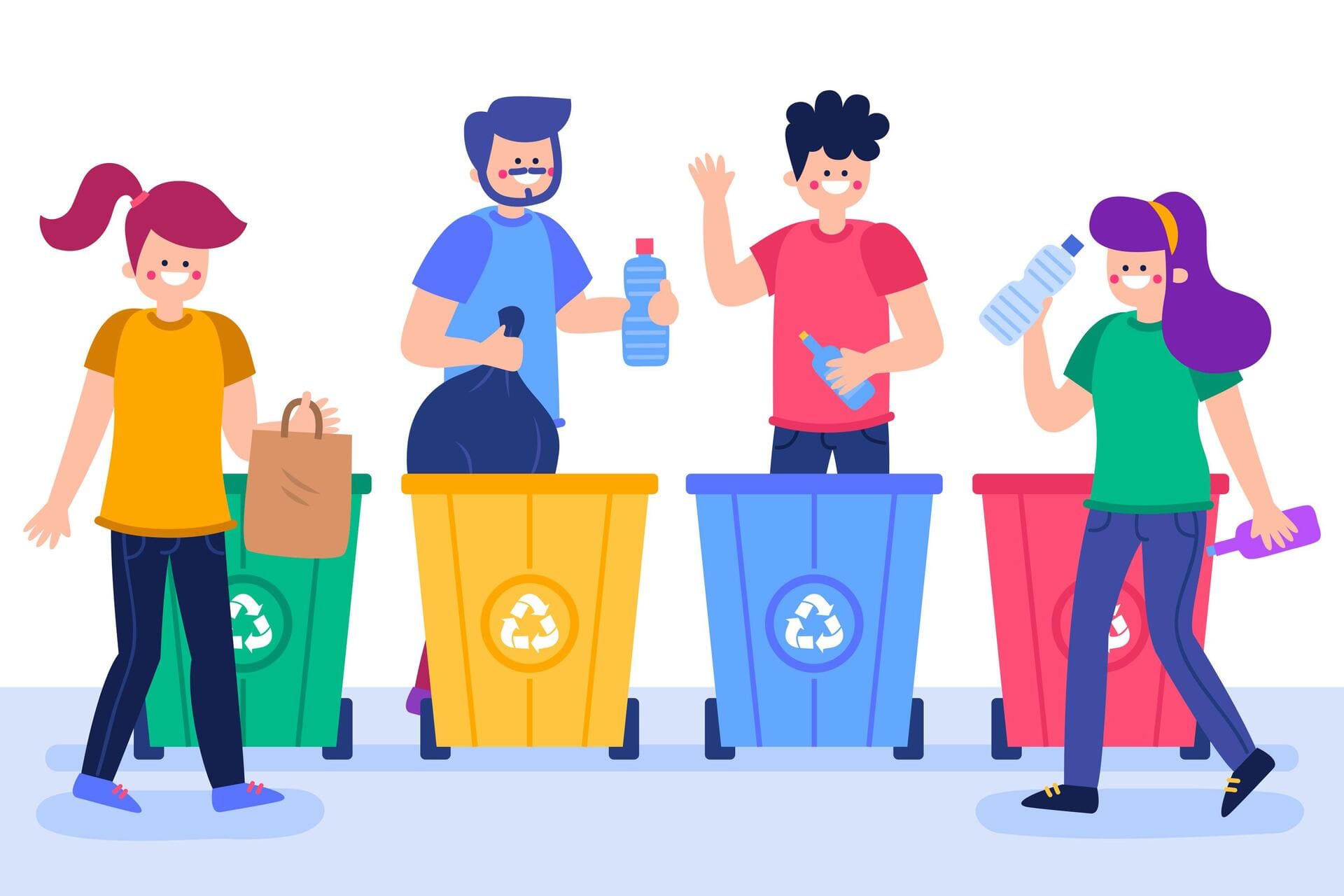 Ilustración de personas depositando residuos en contenedores de reciclaje de distintos colores, separando papel, plástico y otros materiales.