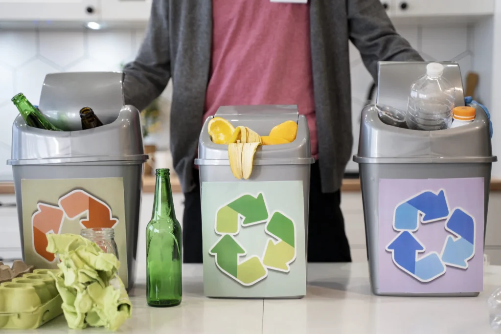 Separaci&oacute;n de residuos en tres cubos de reciclaje en cocina, con vidrio, envases y restos org&aacute;nicos como c&aacute;scaras de fruta.
