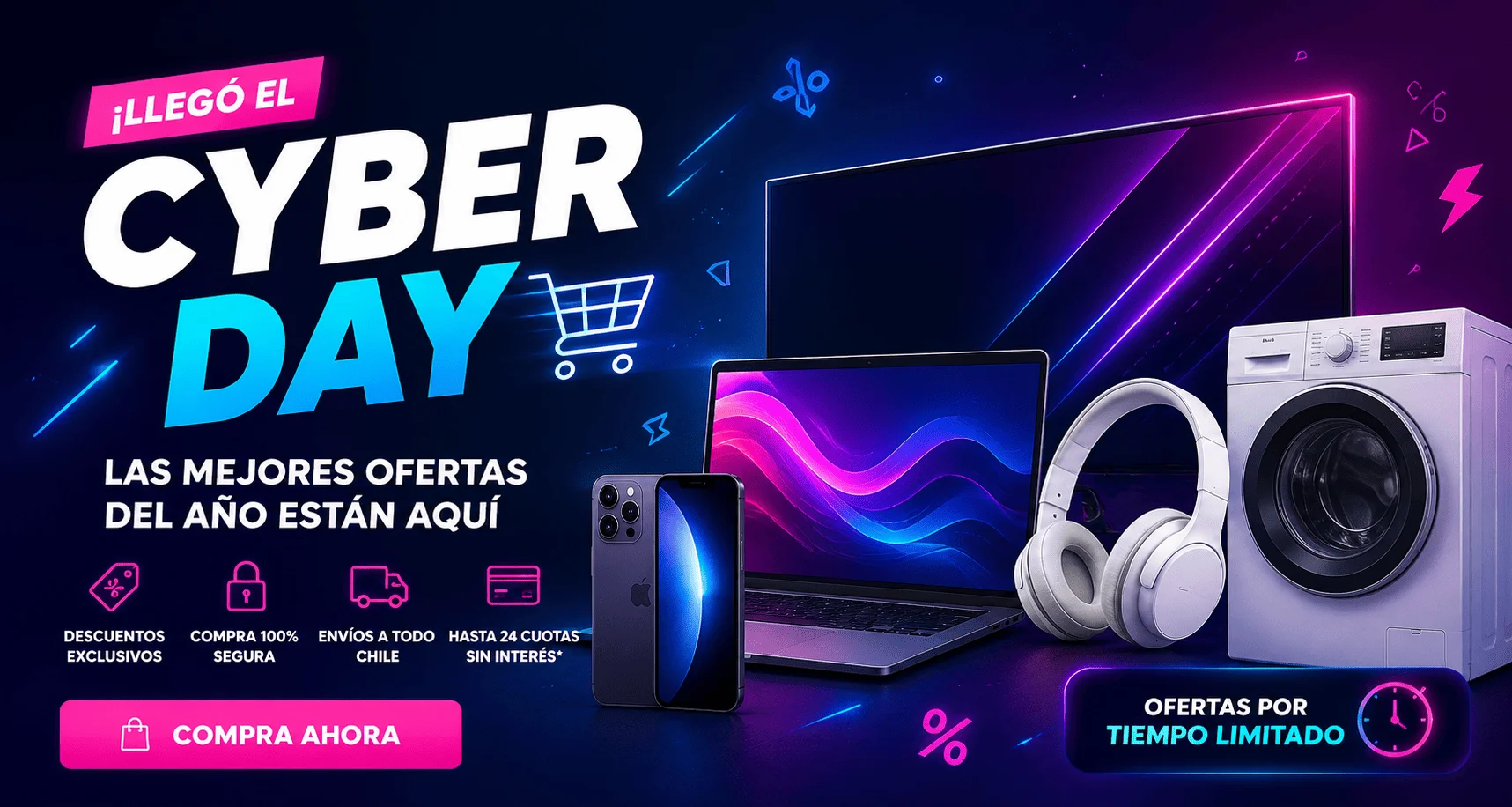 Banner promocional del Cyber Day con ofertas en tecnología y electrodomésticos, mostrando portátil, smartphone, auriculares y lavadora sobre fondo oscuro con luces neón.