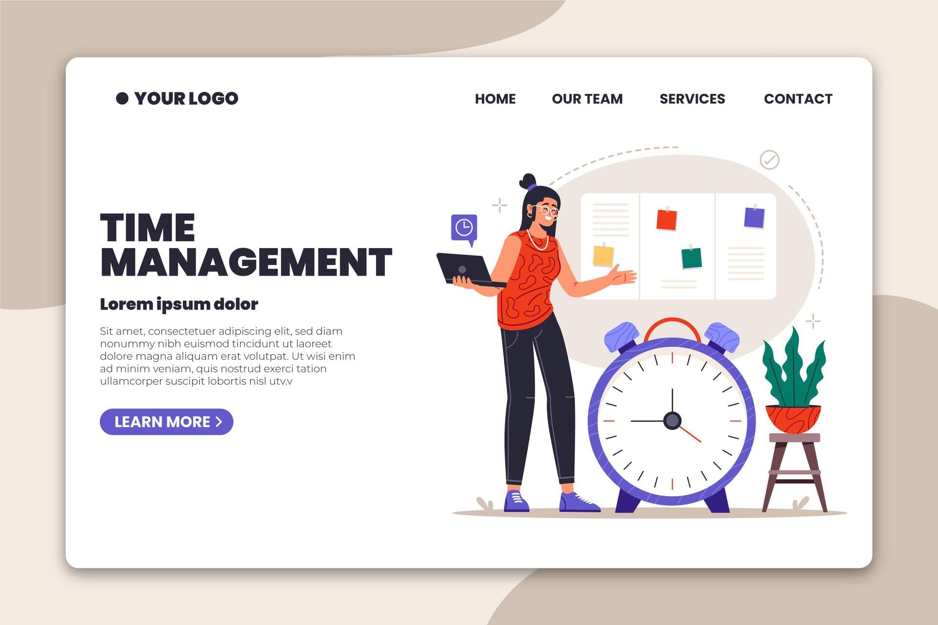 Ilustración de gestión del tiempo en una página web corporativa, con una persona organizando tareas frente a un tablero de planificación y un gran reloj como símbolo de productividad.