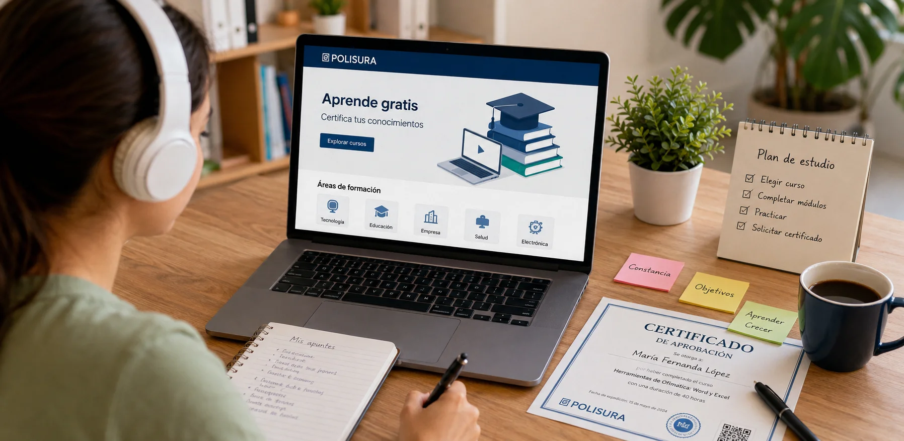 Estudiante realizando un curso virtual desde casa con ordenador portátil, apuntes y certificado de formación online.