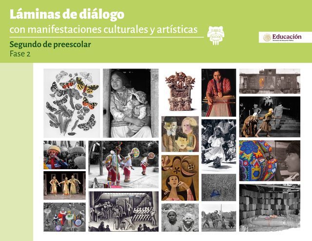 Portada de L&aacute;minas de di&aacute;logo con manifestaciones culturales y art&iacute;sticas de segundo de preescolar: mosaico de fotograf&iacute;as de mariposas, artesan&iacute;as, danzas y personas