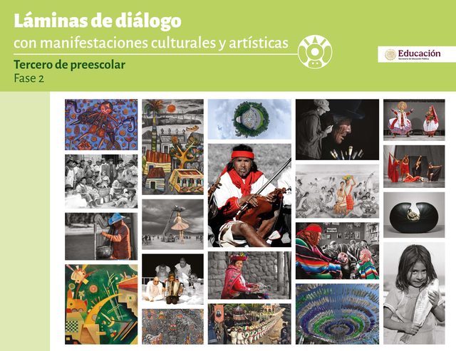Portada de L&aacute;minas de di&aacute;logo con manifestaciones culturales y art&iacute;sticas de tercero de preescolar: mosaico de fotograf&iacute;as de m&uacute;sica, danzas y personas