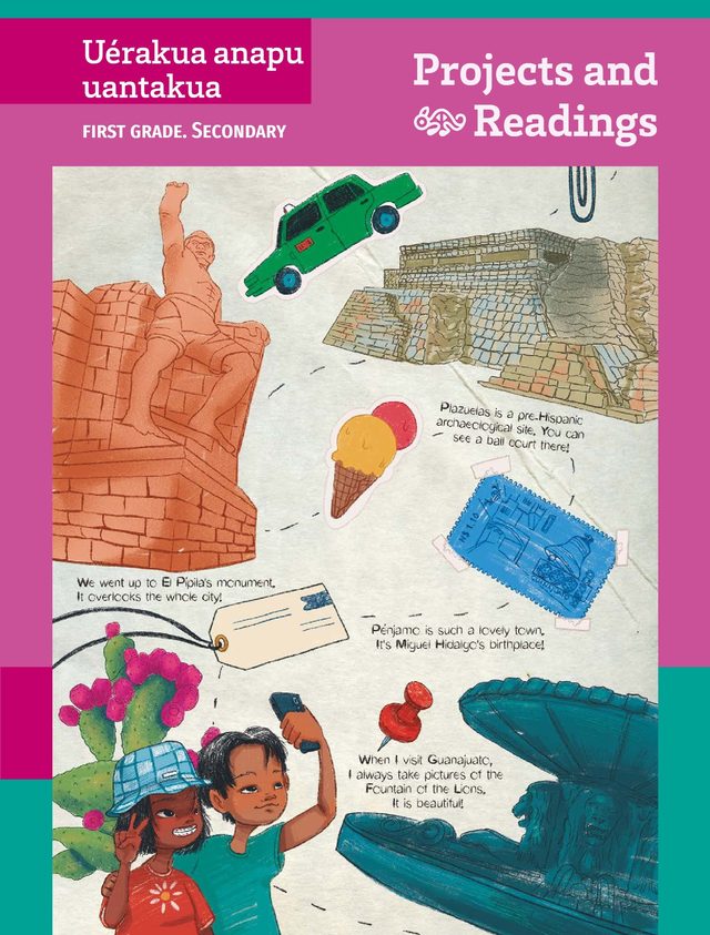 Portada de Uérakua anapu uantakua. Projects and Readings, primer grado de Secundaria: dibujos de un coche verde, tarjetas, un helado y edificios sobre fondo naranja