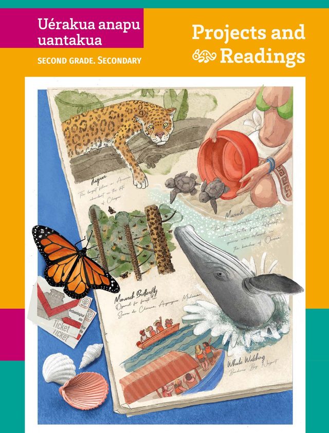 Portada de Uérakua anapu uantakua. Projects and Readings, segundo grado de Secundaria: dibujo de un cuaderno de campo con un jaguar, una mariposa monarca, una ballena y conchas
