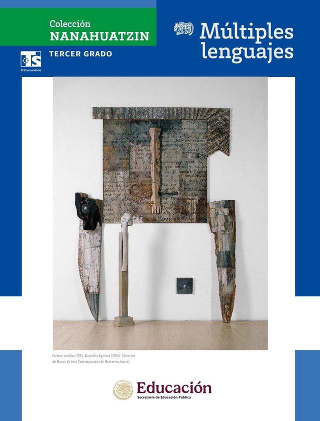 Portada de Colecci&oacute;n Nanahuatzin. M&uacute;ltiples lenguajes, tercer grado: fotograf&iacute;a de una escultura de madera y metal colgada de una pared blanca