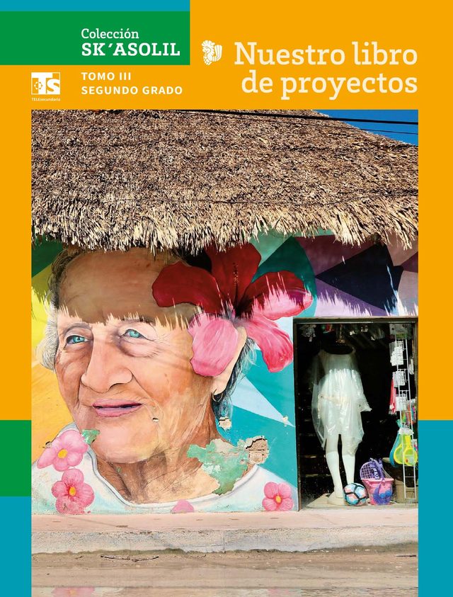 Portada de Colecci&oacute;n Sk&acute;asolil. Nuestro libro de proyectos, Tomo III, segundo grado: mural de una mujer mayor con flores en el pelo junto a la puerta de una tienda