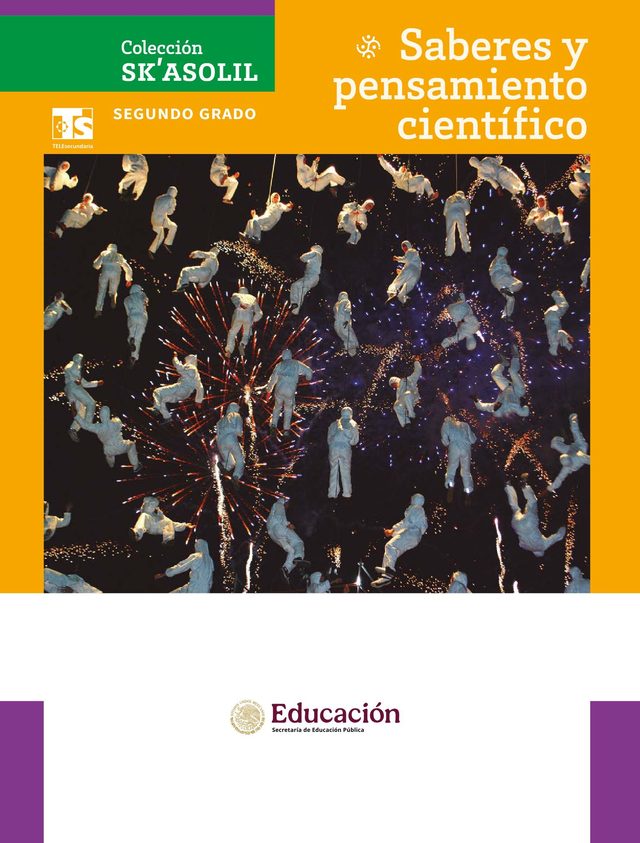 Portada de Colecci&oacute;n Sk&acute;asolil. Saberes y pensamiento cient&iacute;fico, segundo grado: figuras de personas flotando sobre un fondo oscuro con destellos de luz
