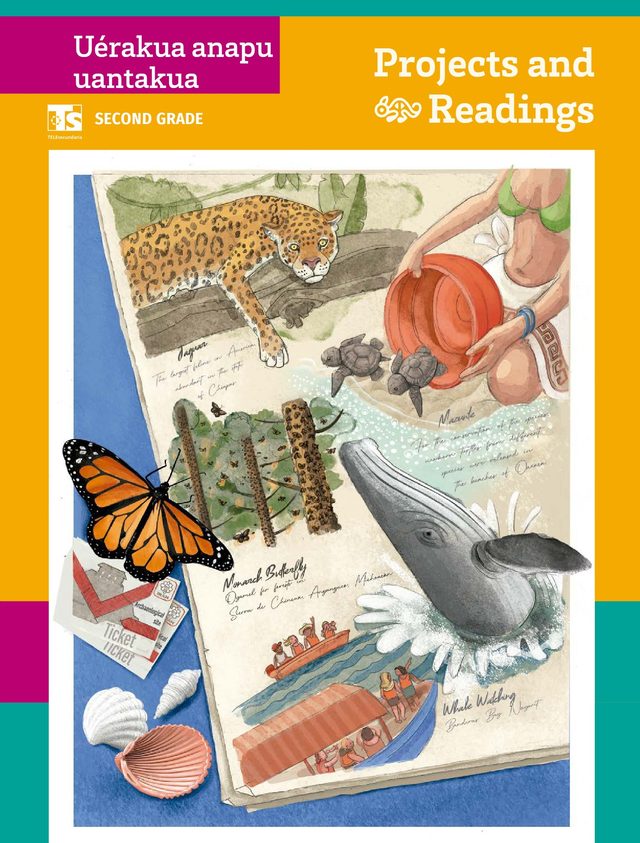 Portada de U&eacute;rakua anapu uantakua. Projects and Readings, segundo grado: dibujo de un cuaderno de campo con un jaguar, una mariposa monarca, una ballena y conchas